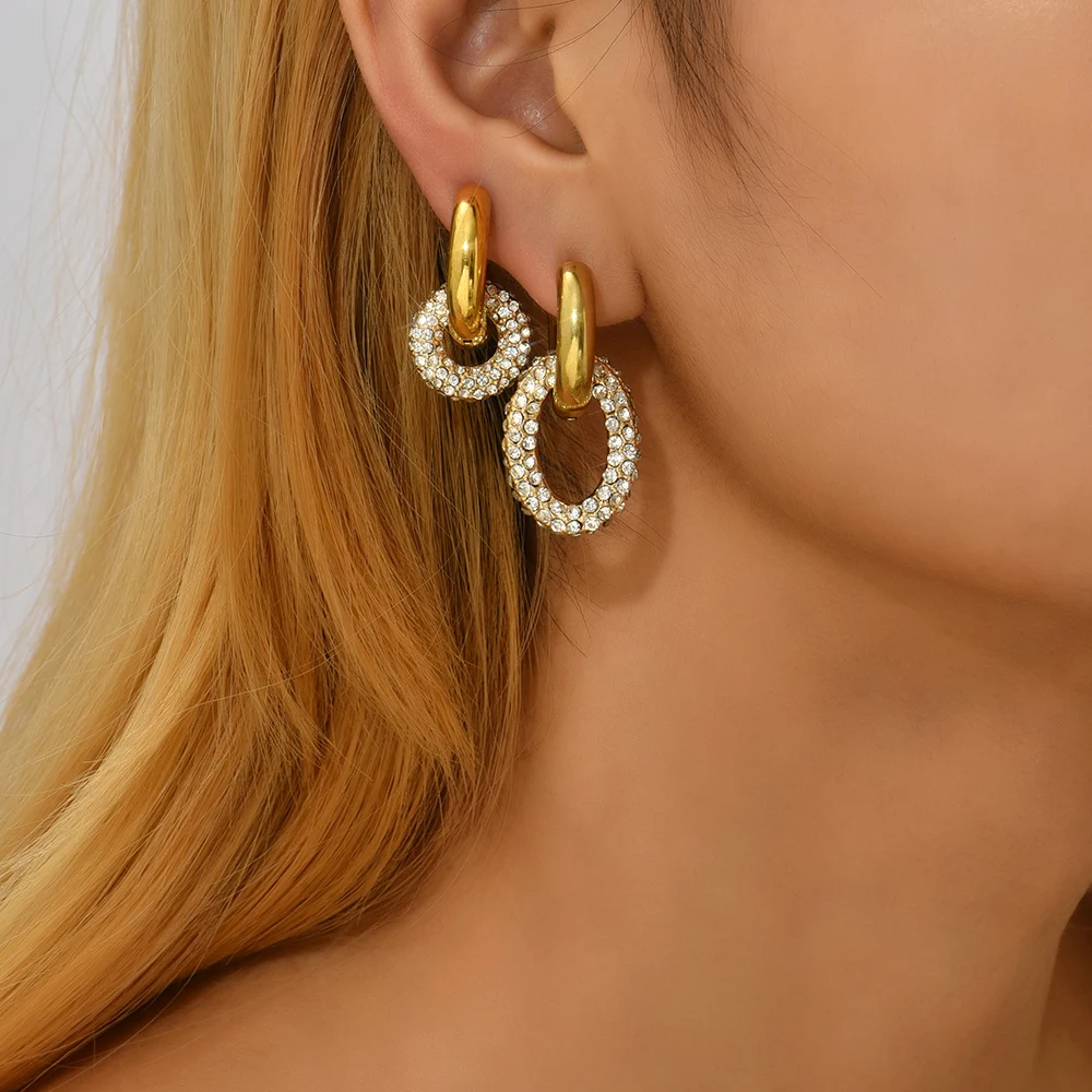 Pendientes de aro de acero inoxidable de circonita cúbica de lujo para mujer, Color dorado, círculo redondo, ovalado, geométrico, joyería de moda