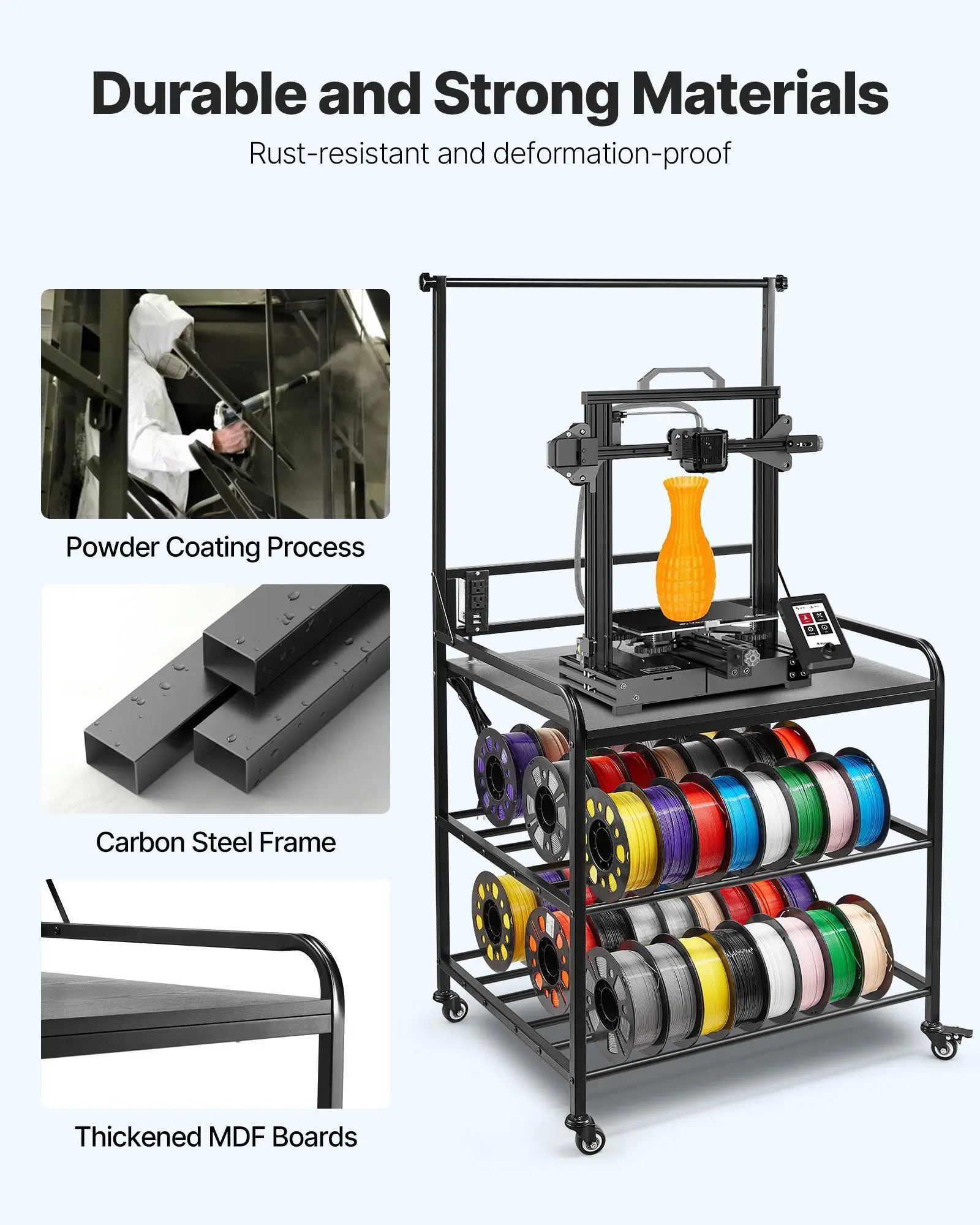 Estante de almacenamiento para impresora 3D de 3 niveles con tomas de corriente, carrito de soporte para impresora 3D 2 en 1 con soporte de 60 carretes y ruedas giratorias