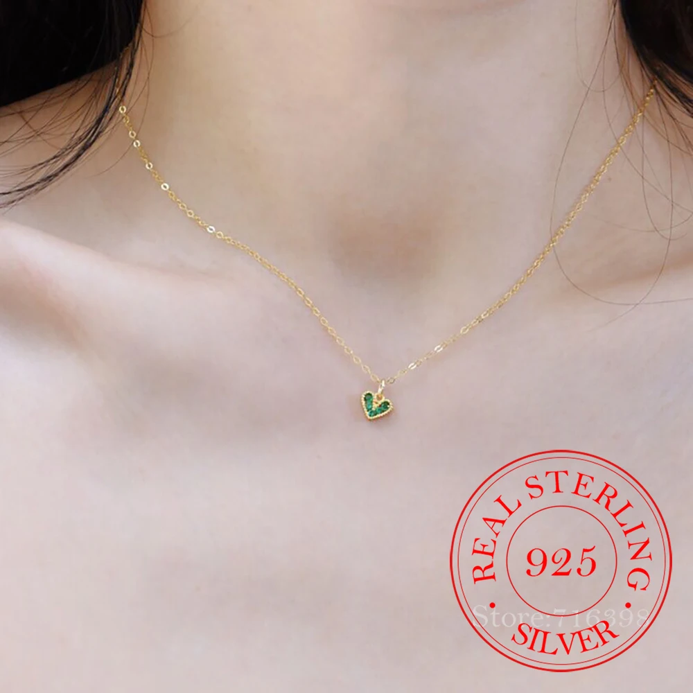 S925 Sterling Silver Emerald Love Heart Choker Necklace Pendant for Women 14K Gold Plated Necklaces Wedding Party Jewelry Gift