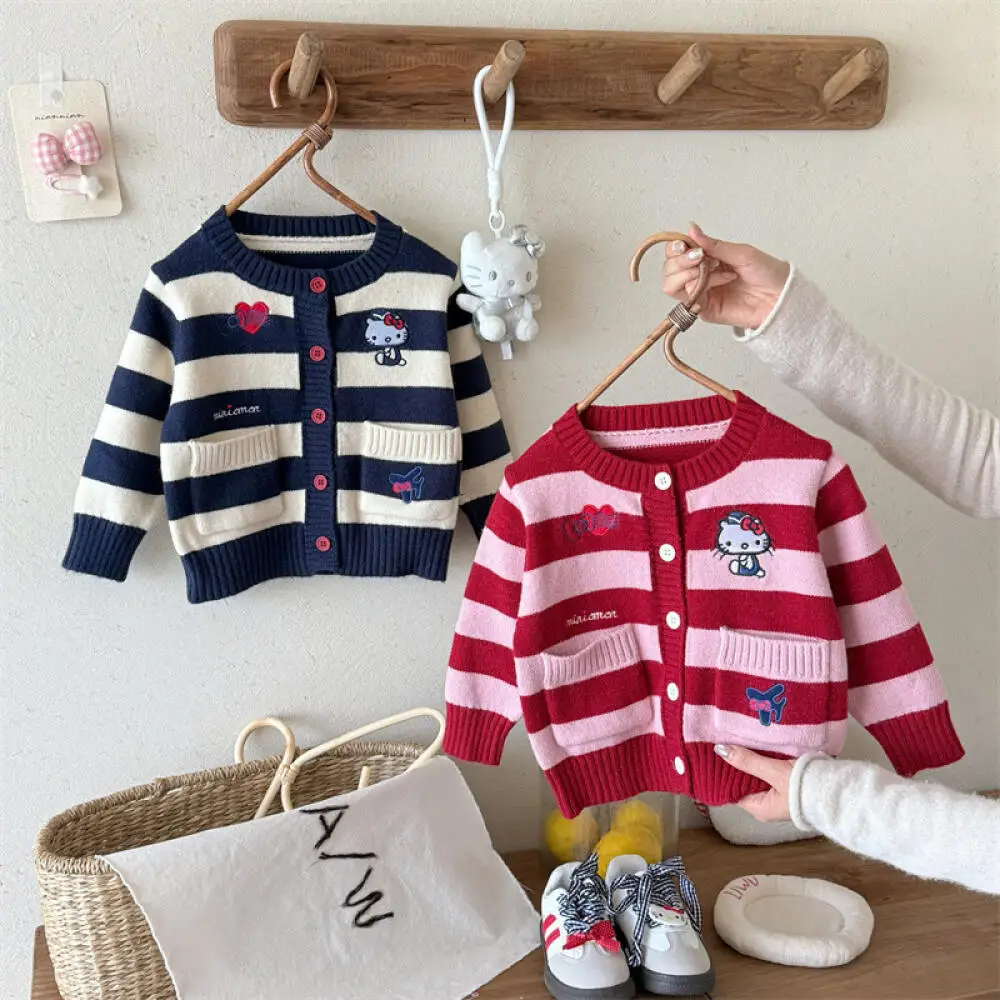 

Sanrio Hello Kitty Girl Knitted Cardigan Autumn Winter 2025 New Children's Style Kitten Embroidered Coat Girls Sweater Cardigan