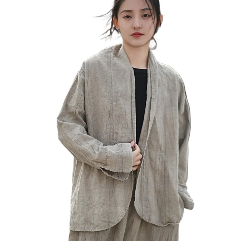 

Осень 2021, женские новые японские кардиганы Ramie с крашением, стильные винтажные куртки, повседневные свободные костюмы с v-образным вырезом и длинными рукавами, пальто