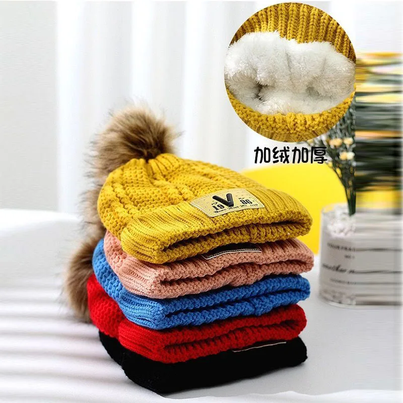 Children\'s hat and scarf set combination boys and girls lovely thick style autumn winter warm knitting wool hat and neck scarf