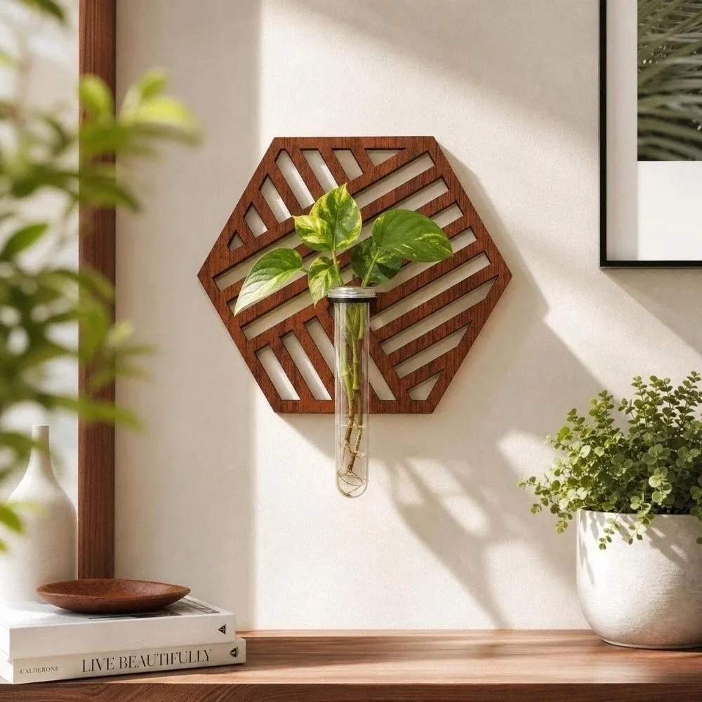 Wooden Hydroponic Planter Shelf Home Ornaments Retro Wall Mounted Planter Hollow Out Geometric Planter Holder Home Decor