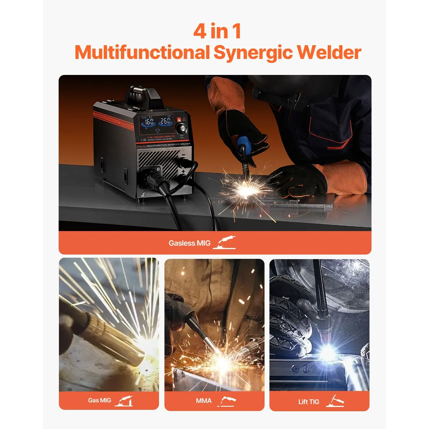 160A Synergic MIG Welder 4-in-1 Gas MIG/Flux Core MIG/Stick/Lift TIG Multi-Process 110V/2V Welding Equipment Model D0100X3F04J