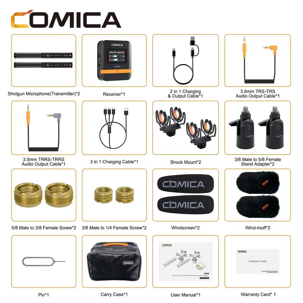 Comica VM40 2.4G supercardioïde tweekanaals draadloze shotgun-microfoon, bedrade en draadloze dubbele modi, voor camera/smartphone/pc