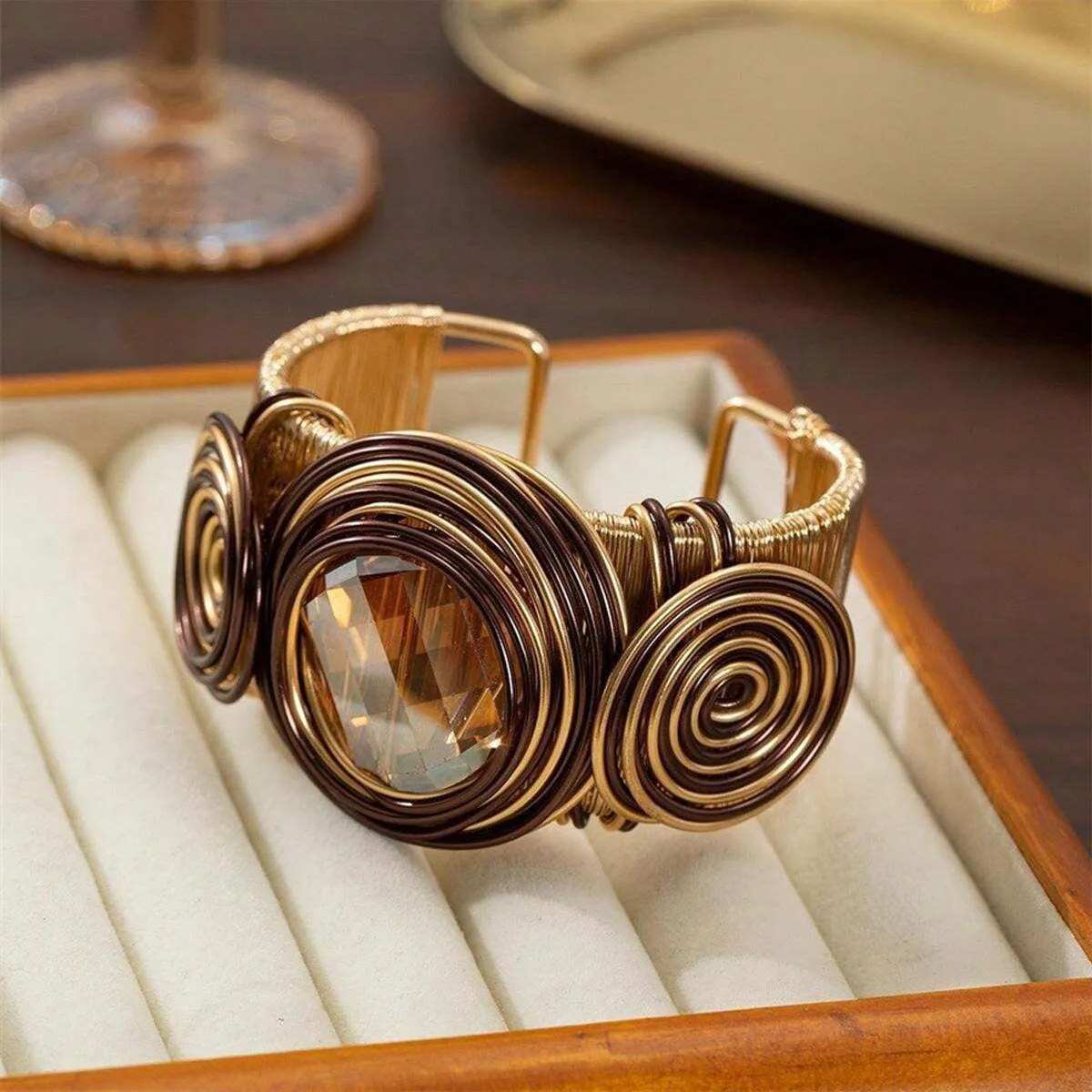 Handmade Wire Wrap Crystal Open Cuff Bangle for Women Vintage Punk Style Metal Wide Statement Bracelet Jewelry Party Gift