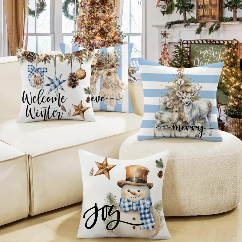 Christmas pillowcase 18x18 inches, set of 4 snowman gloves, winter blue and white striped pillow cover