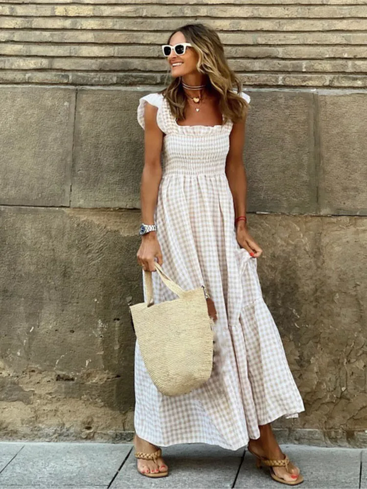

Women's Plaid Print Dress Robe Femme Fashion Sleeveless Slash Neck Loose Dresses For Women Casual Holiday Womens Clothing Summer