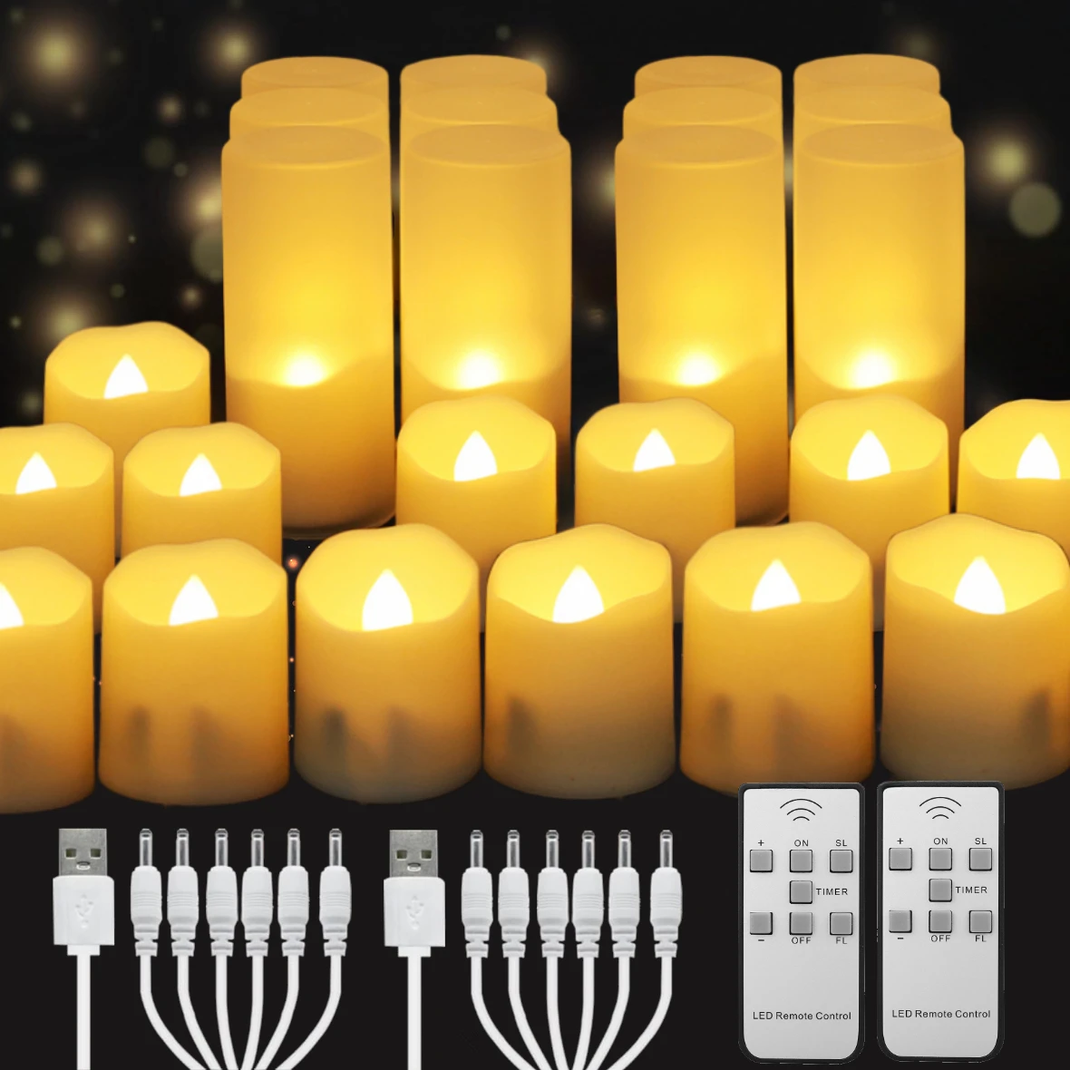 Velas votivas sin llama recargables con temporizador, luces de té LED parpadeantes remotas con Cable de carga USB, velas eléctricas de Navidad