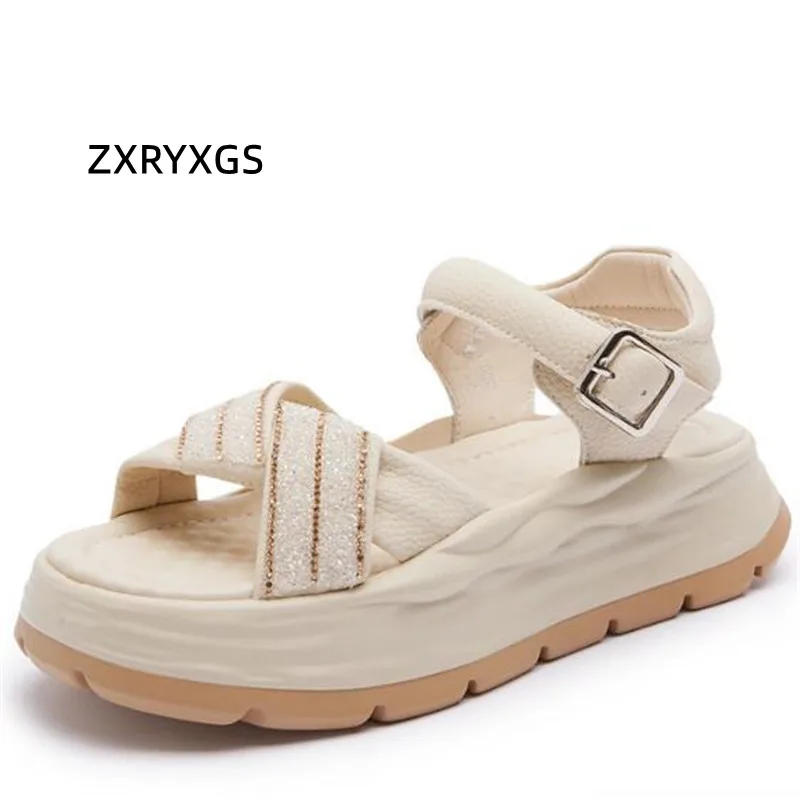 

ZXRYXGS 2024 Small Size Side Open Cow Leather Sandals Fashion Elegant Thick Soled Thick Heel Sandals Women Summer Roman Sandals