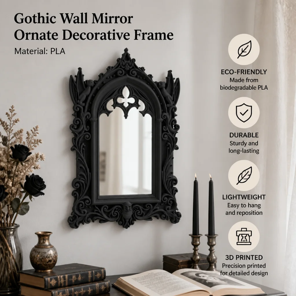 Gothic Cathedral Arch Wall Mirror, Black PLA Plastic Ornate Decorative Mirror for Dark Academia Witchy Halloween Home Decor