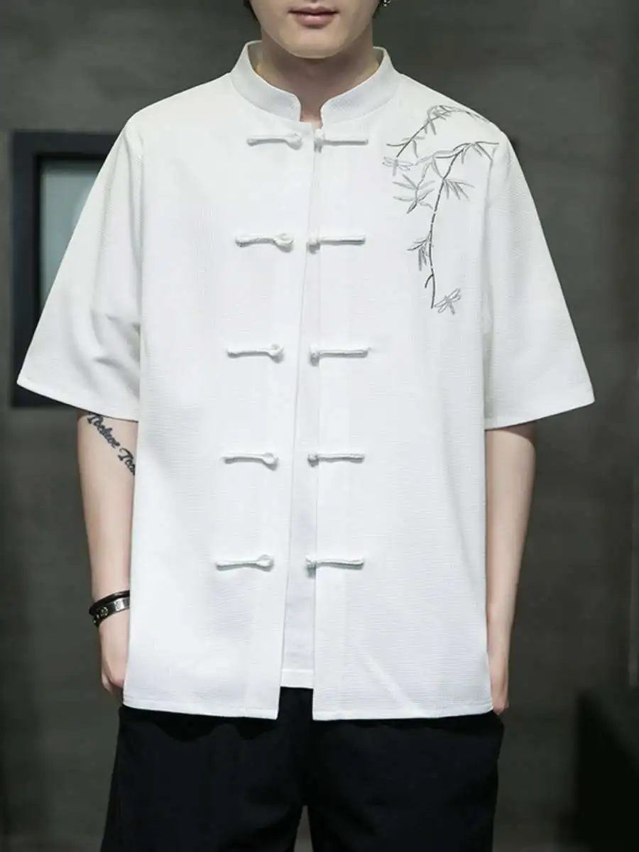 

Новая мужская рубашка в стиле ретро с вышивкой, летняя, легкая, из ледяного шелка, с коротким рукавом, свободного кроя, в китайском стиле Тан