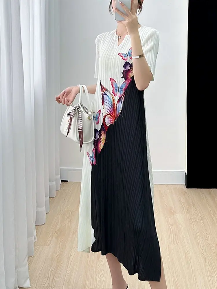 

Dress Women's Printed Elegant Elegant Temperament Loose and Slim Vacation Commuting V-neck Short Sleeve Pleated Mid length Dress