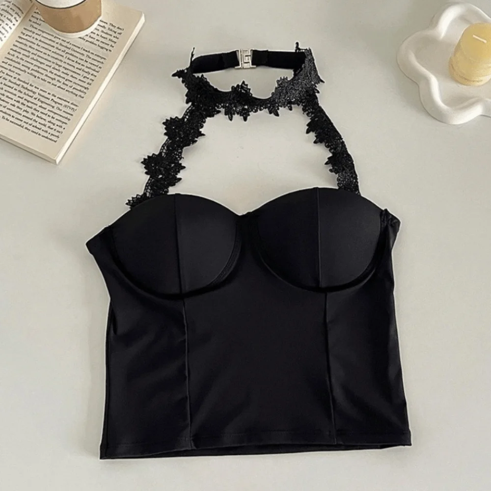 Halter Fashion Hanging Neck Lace Camisole Sleeveless Slim Fit Lace Corset Korean Y2K Ins Tanks Ice Silk Crop Tops Party