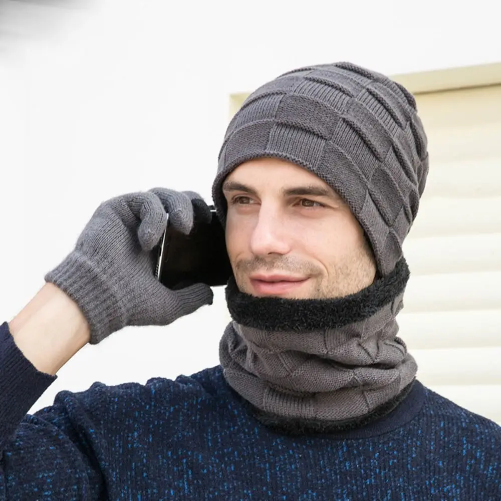 Gorro masculino de malha à prova de vento, boné casual e portátil cachecol macio e luvas, terno no pescoço, na moda