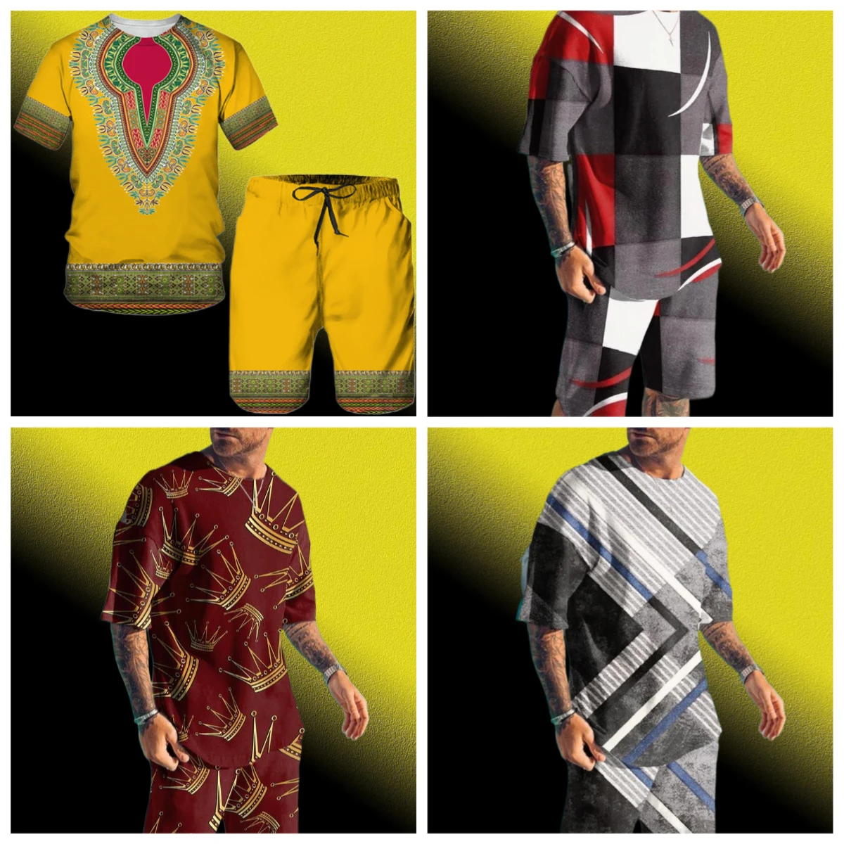 

New Men's Two-Piece Totem Striped Print Fashion Men's Suit Summer O Collar Short-Sleeved Polo Shirt + Shorts Two-Piece Men Suit