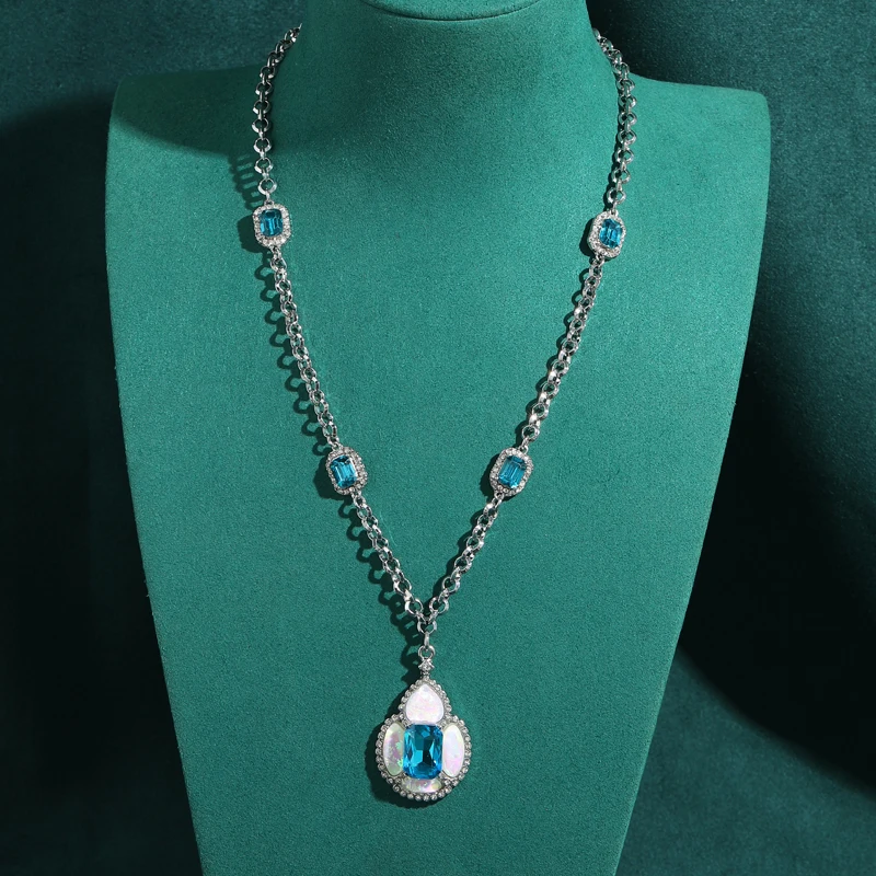 

Vintage Blue Crystal Pendent Necklaces White Natural Stone Silver Color Charm High Quality Women Jewelry For Wedding Bridesmaid
