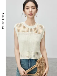 SENTUBILA Women Hollow Out Cotton Pullovers For  2024 Summer Knitted Sleeveless Tops Solid Simple  Clothing W42H54876