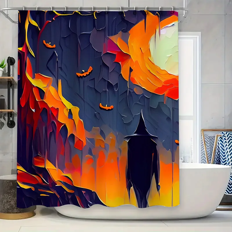Spooky Halloween Shower Curtain Haunted House Ghosts Fire Red Colorful Artistic Design for Bathroom Decor (Size: 72 x 78 inches)