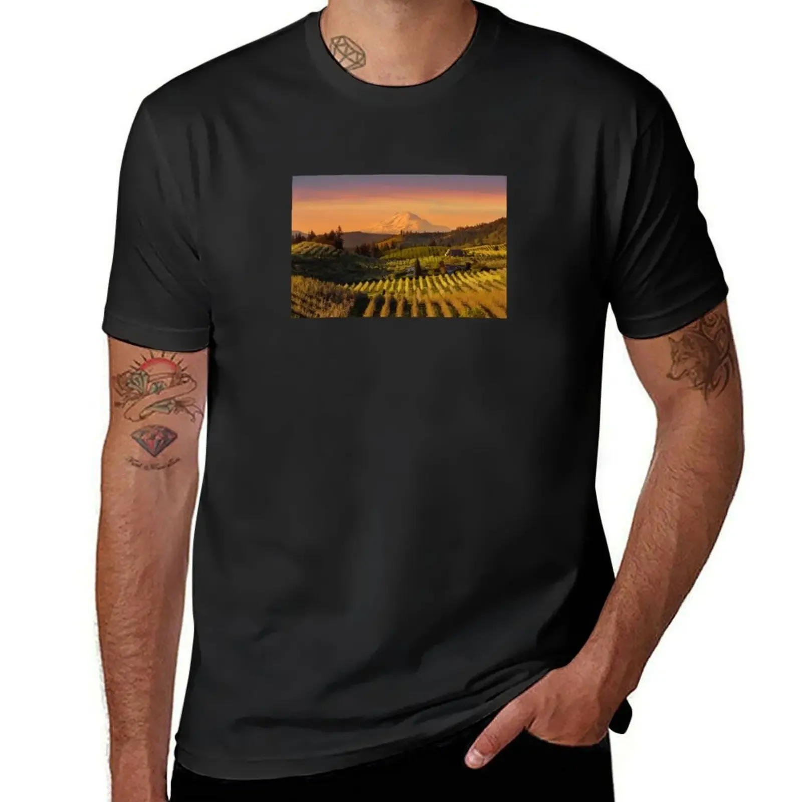 Golden sunset over Mt Adams and Hood River Valley pear orchards at sunset springtime T-Shirt