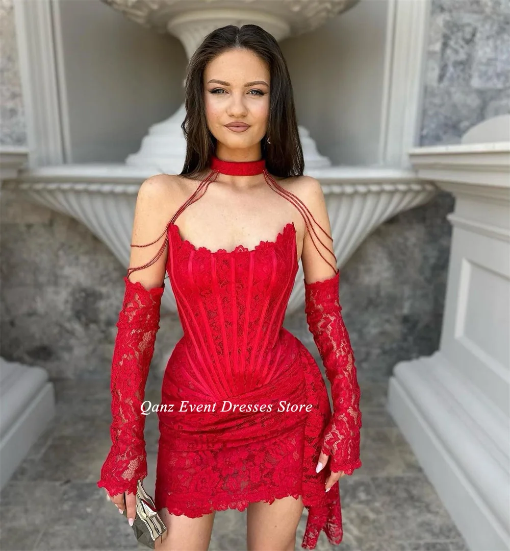 Qanz-Sexy Red Lace Prom Dresses, Tulle Strapless, Vestido de aniversário curto, Black Girl Party Dress, Vestido de noite elegante, Celebridade de luxo