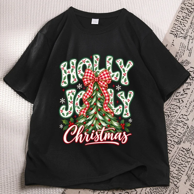 Christmas Tree Graphic T Shirts Woman Holly Berry Tree Design T-shirt Casual Round Neck Printed Tshirt Men Women Clothes