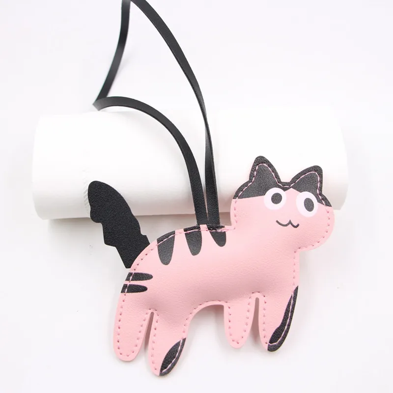 Fashion PU Leather Cat Pendant Keychain Cute Animal Keyring Women Bag Charm Handbag Hanging Decoration For Girl Gifts