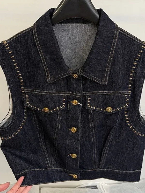 

Spring Summer 2026 Women's Fashion Slim Fit Denim Vest Simple Turn-down Collar Single Button No Sleeve Short Outerwear