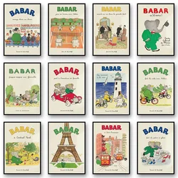 Cartoon Elephant Babar Family Car Cute Yoga Anime Poster and Prints Canvas Printing Wall Art Picture for Kids Room Nursery Decor