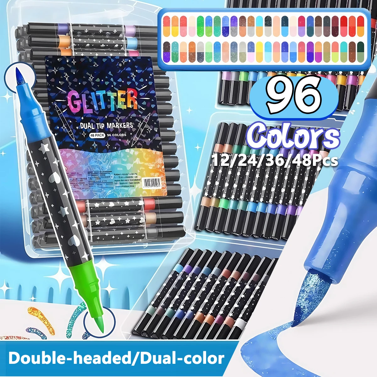 

12/24/36/48pcs Double-Ended Glitter Marker Pen Set Dual-Tip Glitter Watercolor Pens & Highlighters Rich Colors Soft Tips