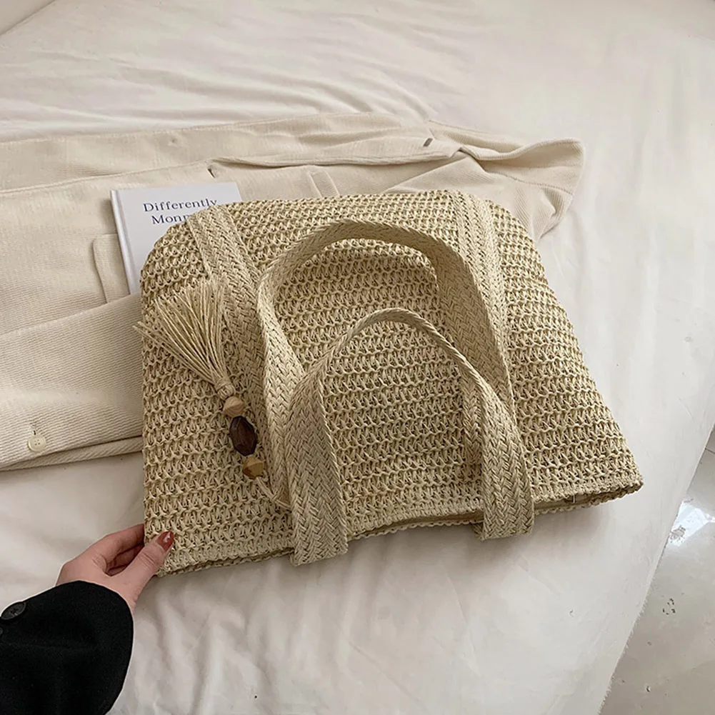 

Hand-Woven Handbags Summer Ladies Woven Bag Fashion Handmade Simple Large Capacity with Tassel Pendant Shopping Handbag Tote