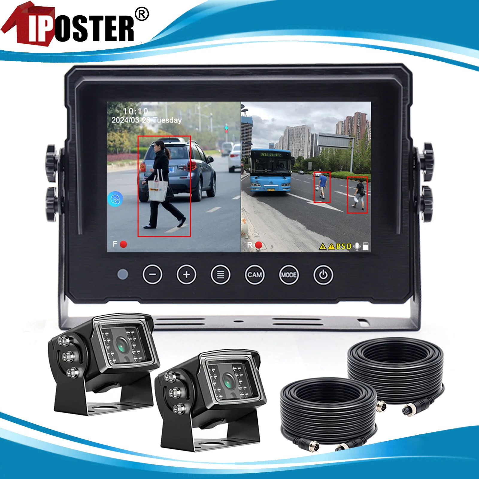 

iPoster Waterproof 7" IPS AHD Screen QUAD Monitor DVR with BSD Blind AI Detection 4PIN 1080P Rear View Reverse Cameras For Truck