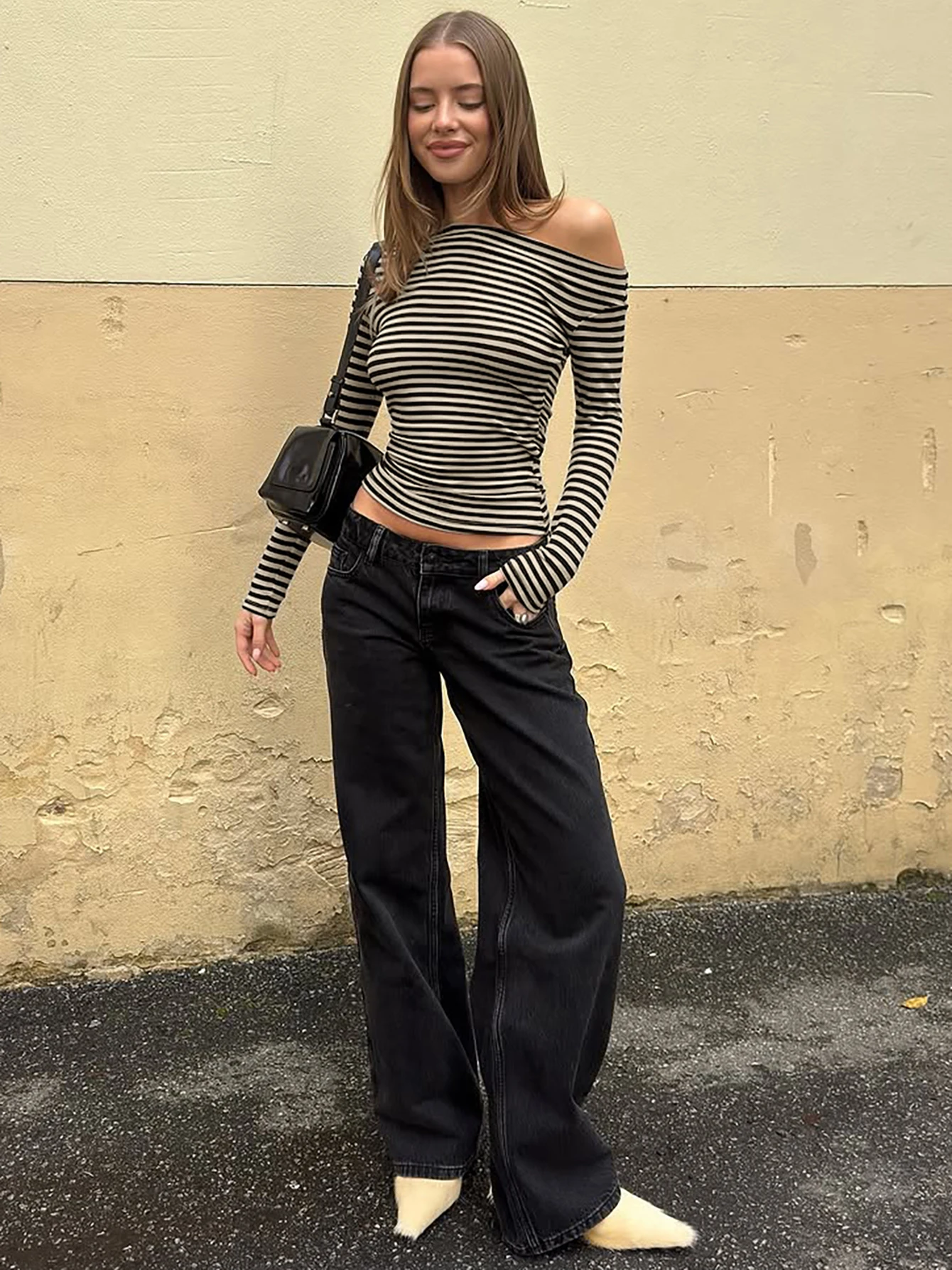 دولزورا يميل طوق كم طويل سليم تي شيرت مخطط السيدات موضة عادية تنوعا Y2K ملابس نادي الحفلات نمط الشارع