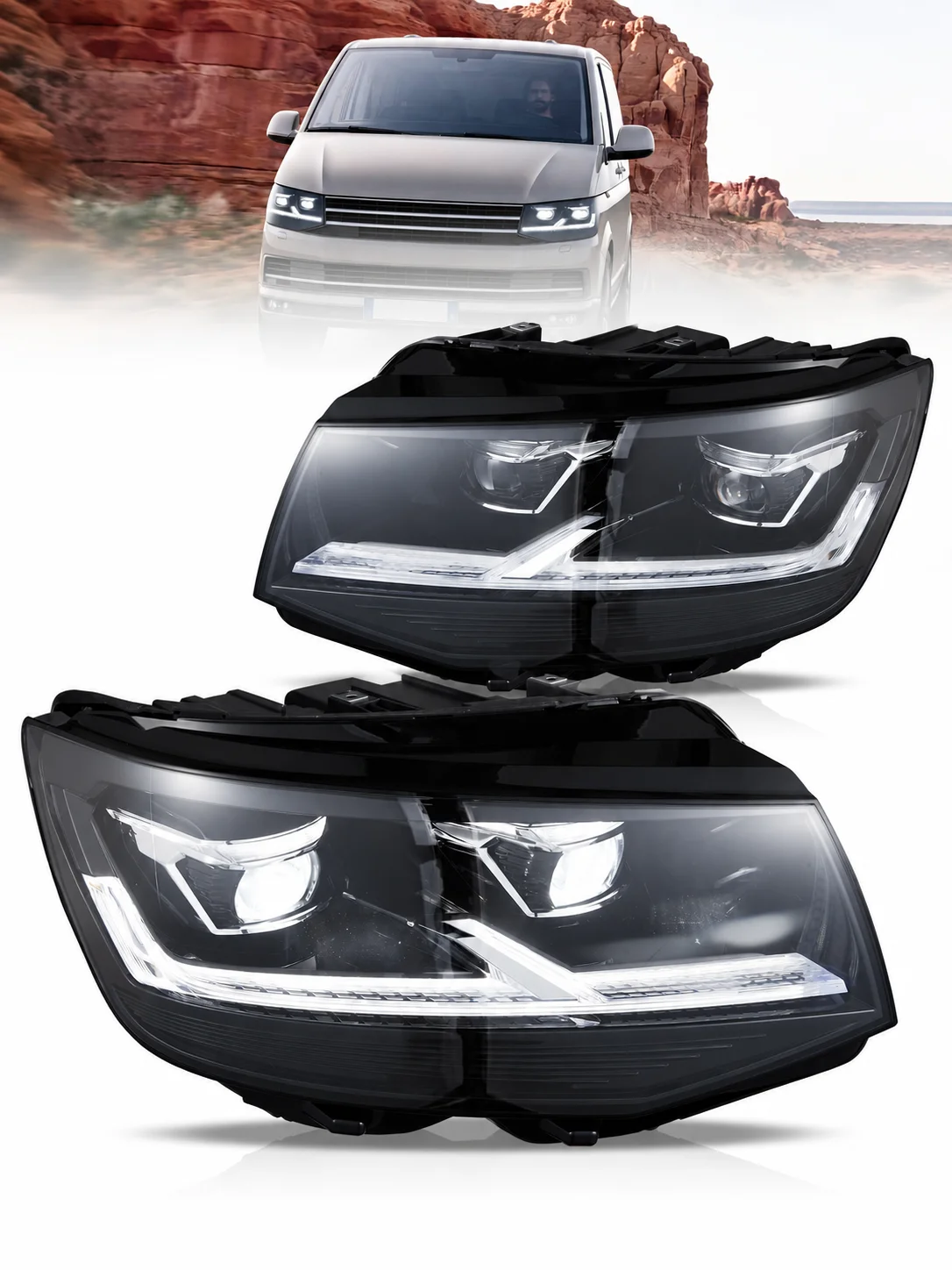 Für VW Transporter T6 Caravelle Multivan California 2015-2019 LED Dual-Beam-Scheinwerfer DRL Dynamischer Blinker Frontscheinwerfer-Baugruppe LHD RHD 1 Paar - LHD