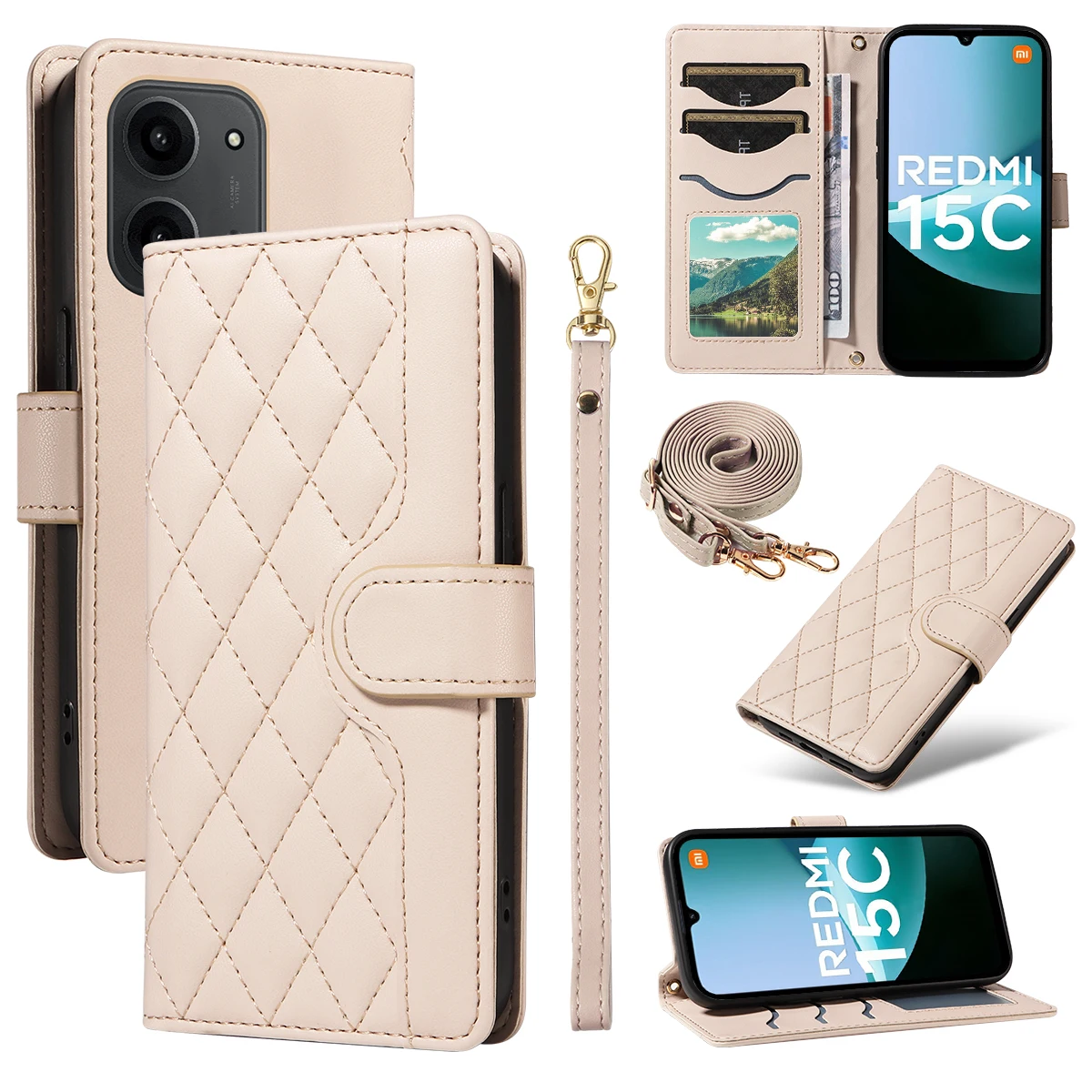 

Для Xiaomi Redmi 15C 4G (глобальный) (171 мм)/Poco C85 4G (171 мм) чехол-кошелек из кожи с ромбами и ремешком - абрикосовый