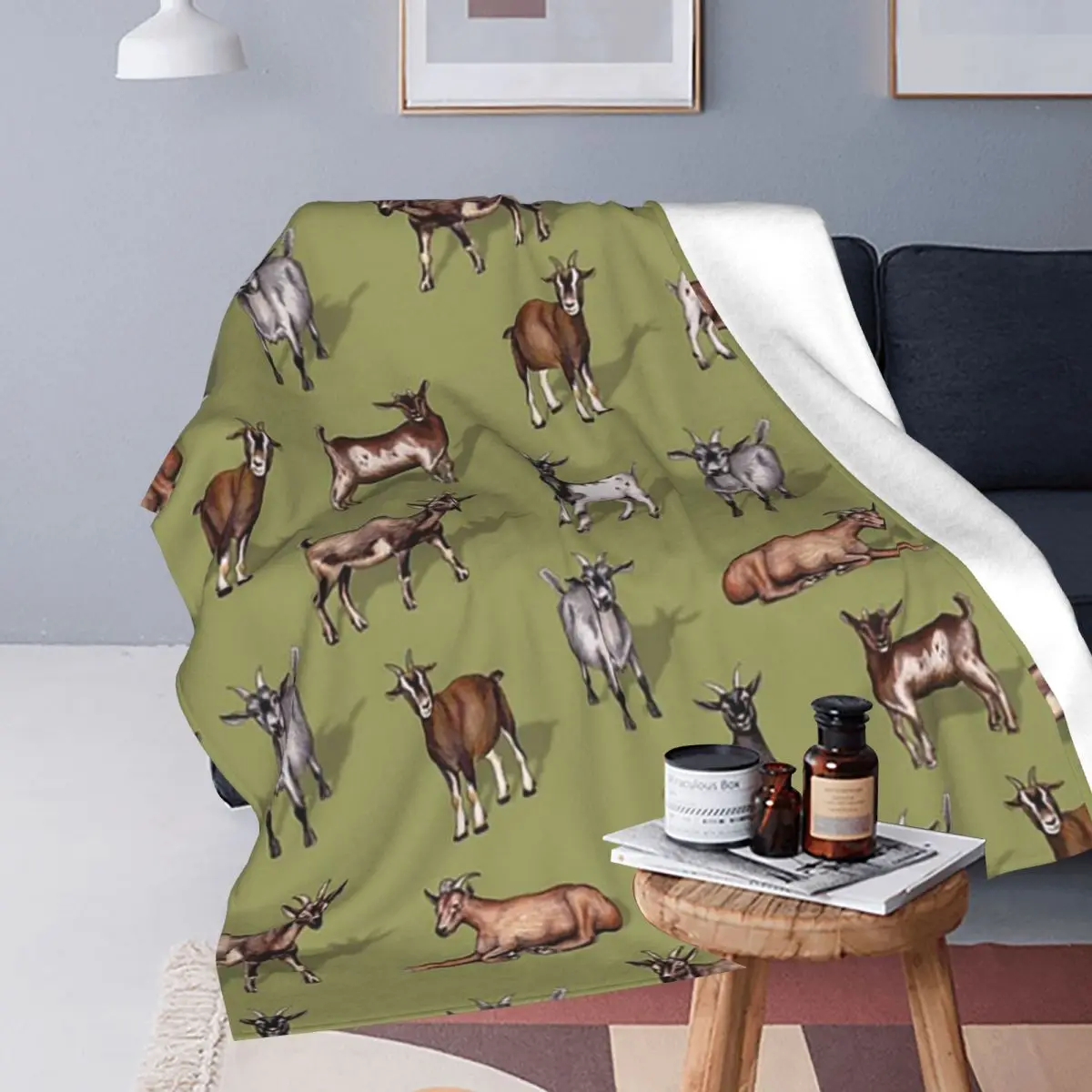 Tiny Goats On Green - Goat Herd Pattern Blankets Soft Warm Flannel Throw Blanket Cover for Bed Travel Home Couch
