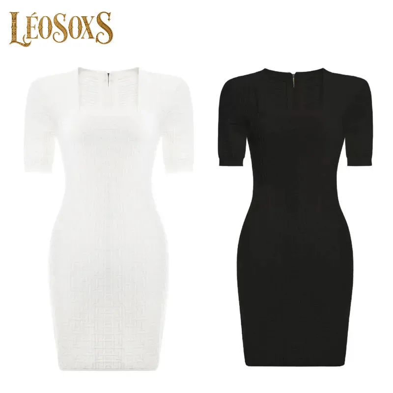LEOSOXS Sukienki dzianinowe z krótkim rękawem, kwadratowy dekolt, seksowna sukienka, letnia odzież damska 2025, krótkie sukienki biurowe z zamkiem błyskawicznym z tyłu