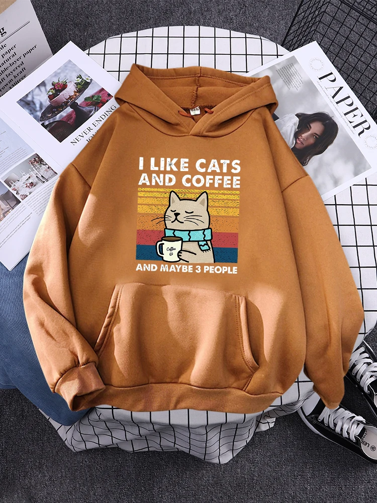 i like cats and coffee Printed  Women Hoody Kpop Comfortable Tracksuit Solid Hooded Sportswear Personality Warm Female Pullover