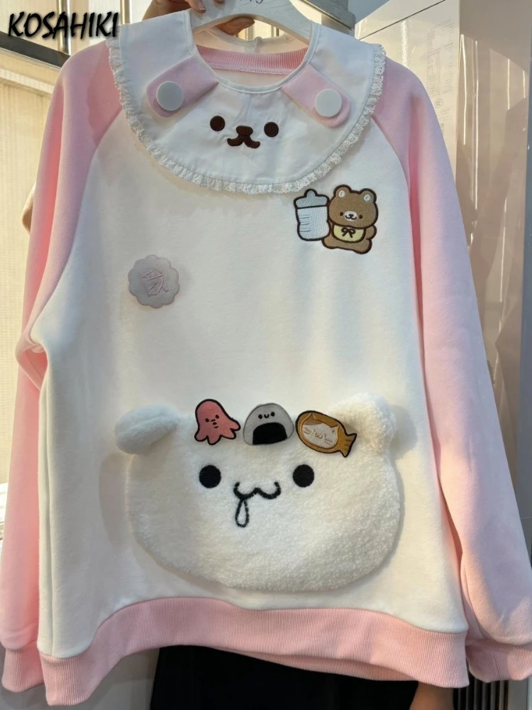 Japanese Kawaii Pink Hoodies Women Cartoon Embroidery Bear Pocket Loose Sweatshirt Harajuku Y2k Aesthetic Cute Pullovers Moletom