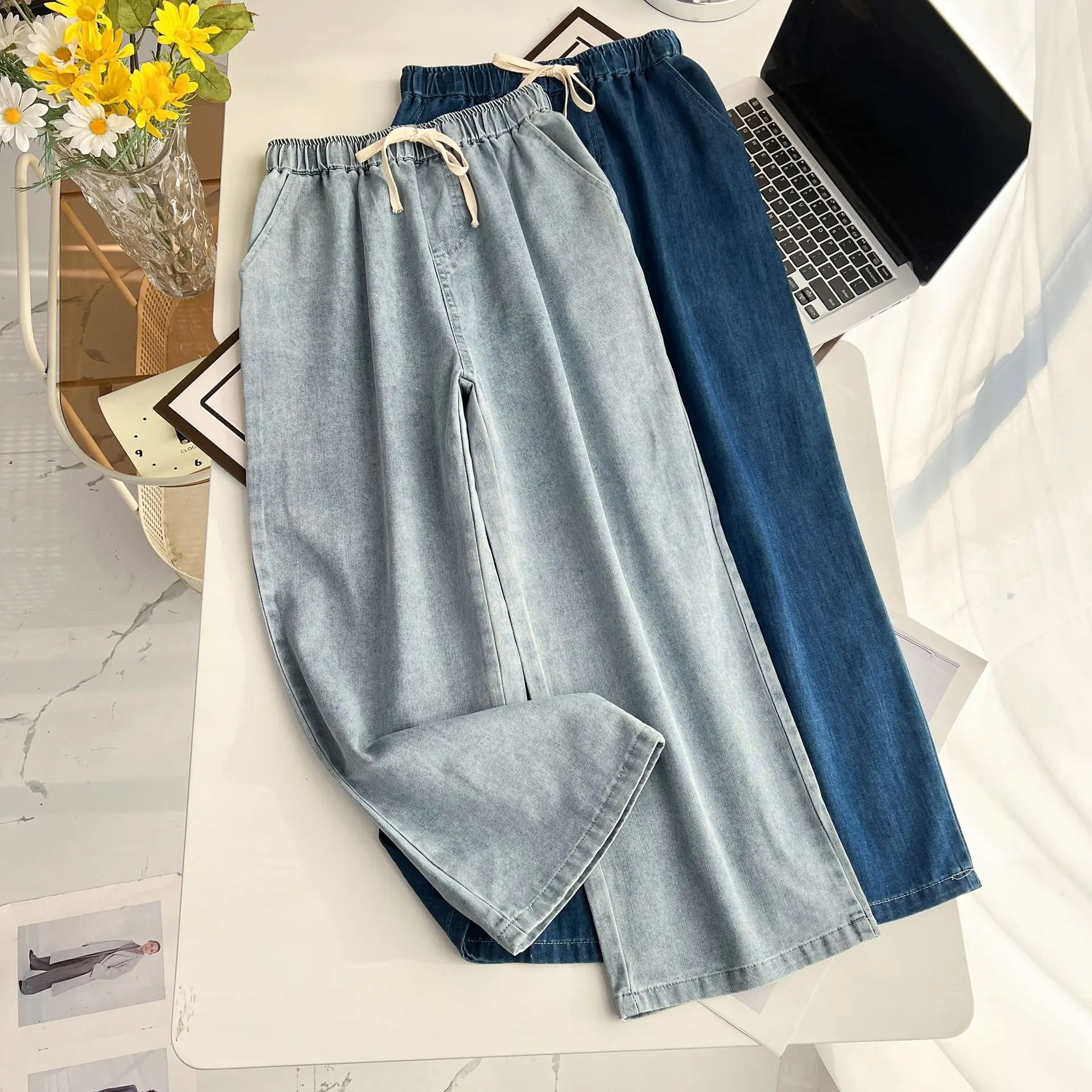 100kg Spring And Autumn Plus Size Women\'s Casual High Waist Wide Leg Pants Drawstring Elastic Waist Straight Jeans 2400