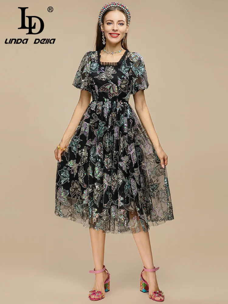 LD LINDA DELLA 2023 Fashion Runway Summer Dress Women square collar Gorgeous Mesh Sequins Beading Black Vintage Party Dress