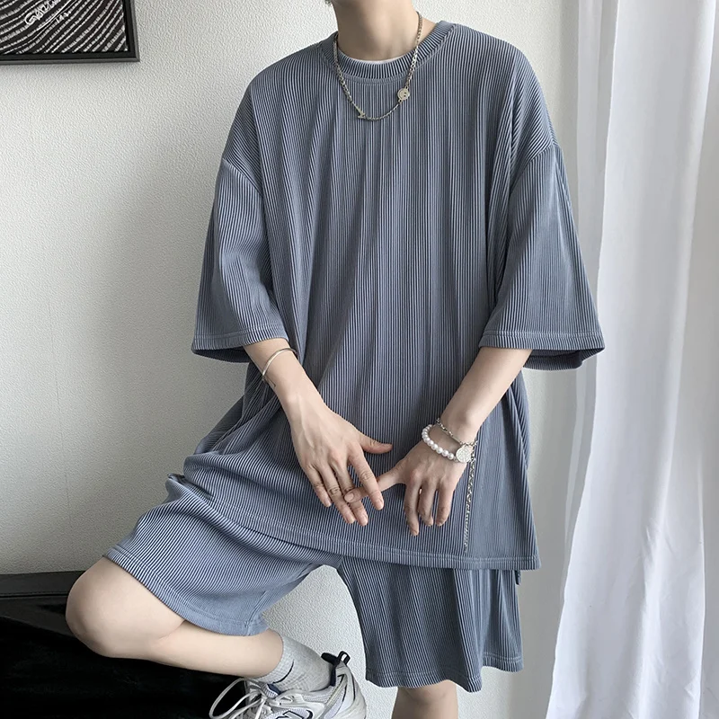 Summer Loose Casual Elastic Men's Sets Simple Crumpled Silky Short Sleeve T-Shirts And Shorts Men Clothing Streetwear Hot Sale