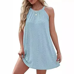 Women Swimsuit Cover Up Summer Fashion Neck Sleeveless Tank Top Beach Dress Solid Color Loose Casual Short Skirt Bikini Cover Up