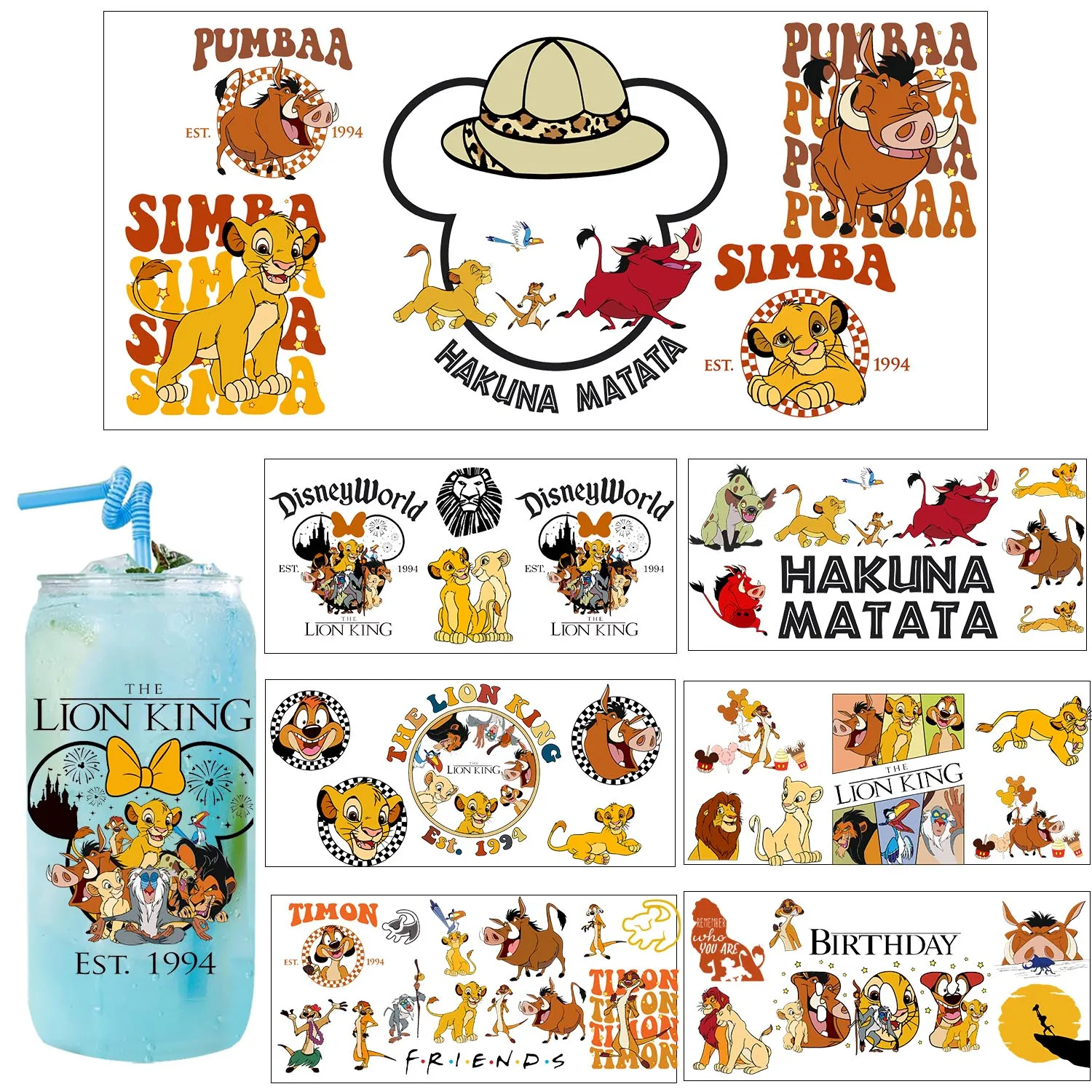 1/5 шт. 20 видов милых мультяшных УФ-наклеек с Симбой-королем, 3D-переводные УФ DTF стикеры, УФ DTF наклейки для стаканов 16 унций