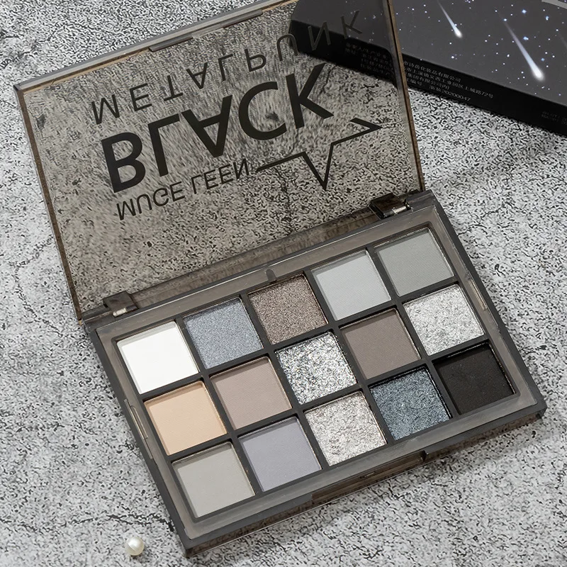 15 Colors Cement Eyeshadow Palette, Black Grey High-End Shades, Punk Smoky Makeup, Glitter for Halloween & COS