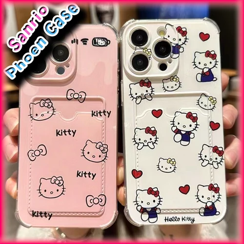 귀여운 헬로 키티 케이스 아이폰 7/8 XS XR 11 12 13 14 15 프로 맥스 미니 플러스 산리오 애니메이션 보호 커버, 카드홀더 포함 