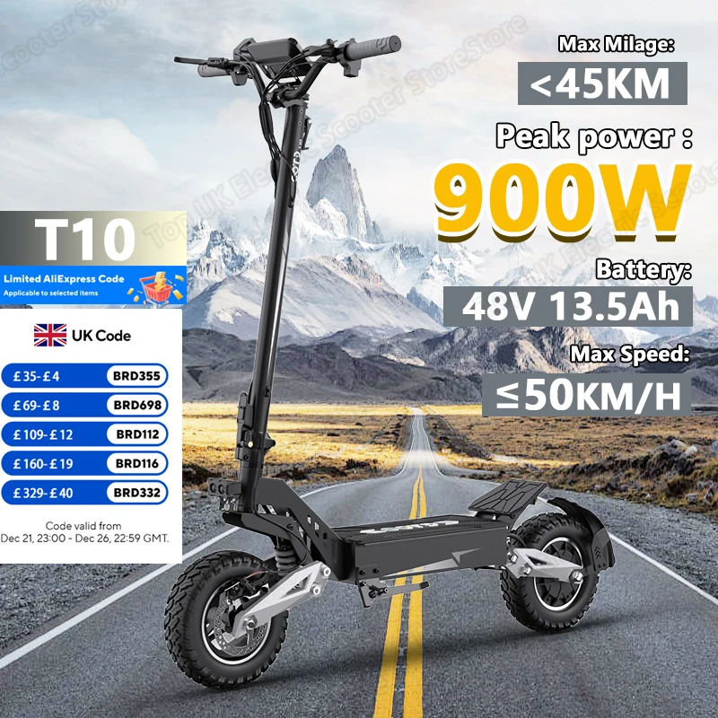 OOTD T10 E-Scooter 900W Peak power 48V13.5Ah LED Display Electric Scooter Adult 11-inch Off-Road Tire Convenient Fold EScooters