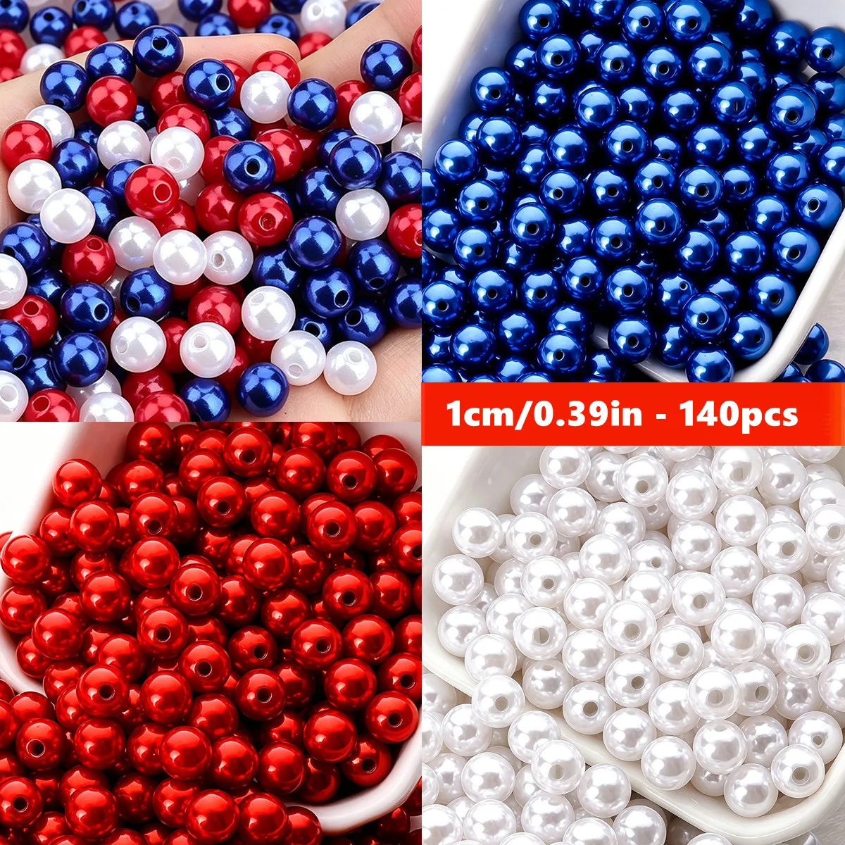 10mm 140pcs DIY Red, Navy Blue, And White Round Acrylic Beads, Suitable For DIY Making