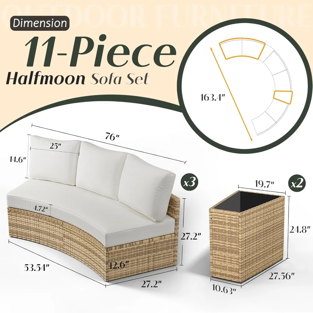 11-teiliges Terrassenmöbel-Set, einschließlich halbmondförmigem Rattansofa für den Außenbereich und einem keilförmigen Tisch mit großem Stauraum