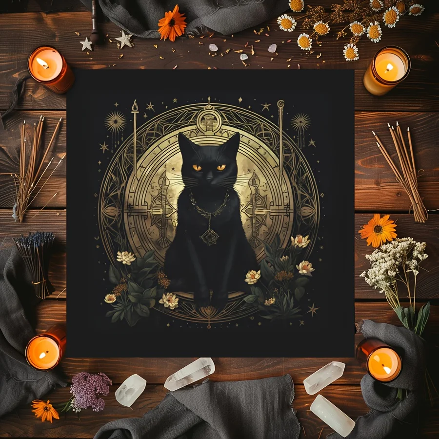 VIKAMA Black Cat Pentagram Tarot Altar Cloth Floral Print Witchy Table Tapestry Divination Tarot Reading Decor